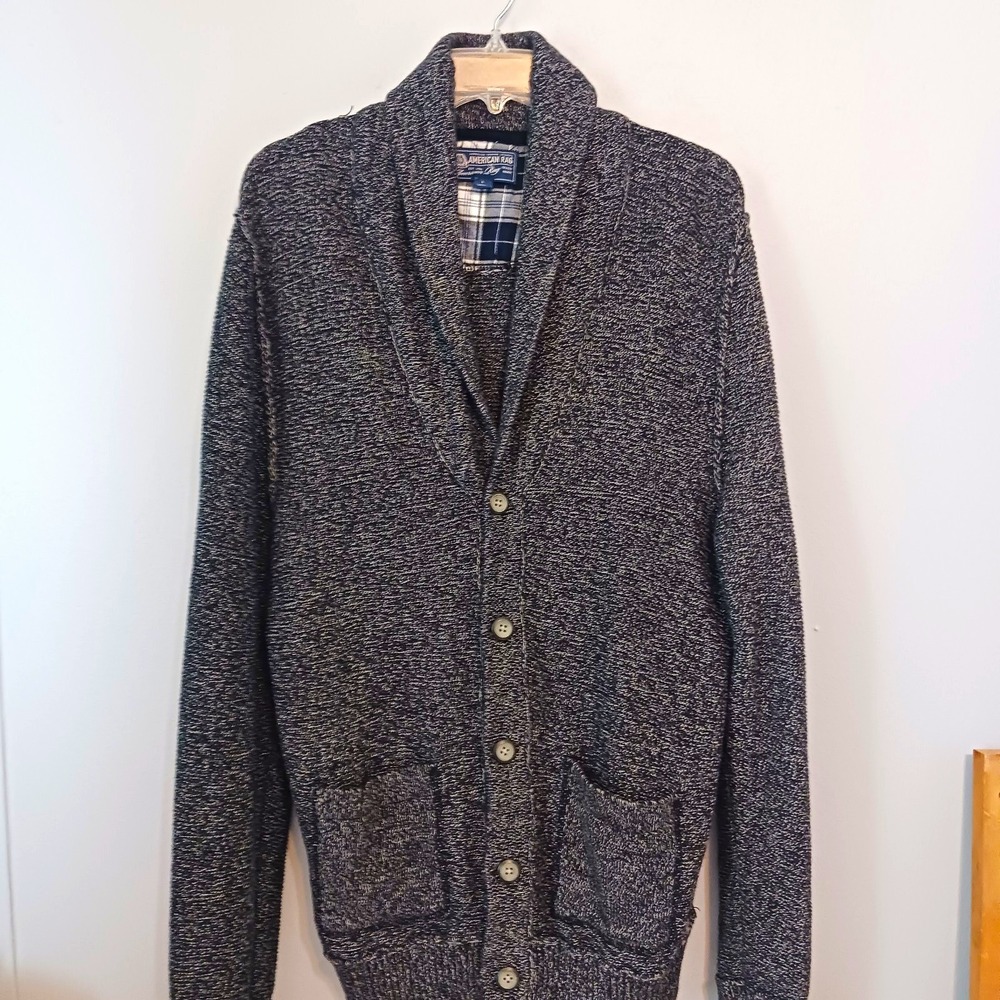 American Rag Men's Heathered Gray Button Front Collared Cardigan w/ Pockets L